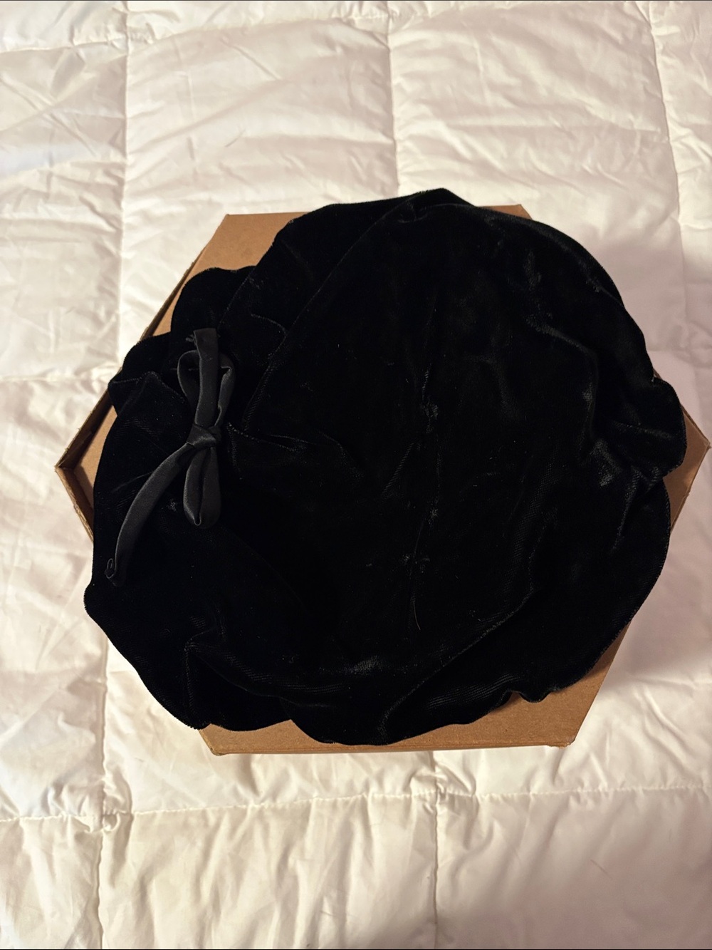 Black Velvet Drawstring Pouch beret- Soft Velvet hat with Bow
